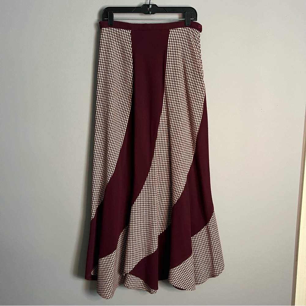 Abstract cottage core maroon‎ gingham maxi skirt